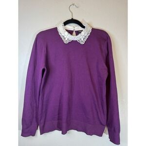 NWT Coquette Style Cable & Gauge Purple‎ LS Sweater W/lacy Collar Size L